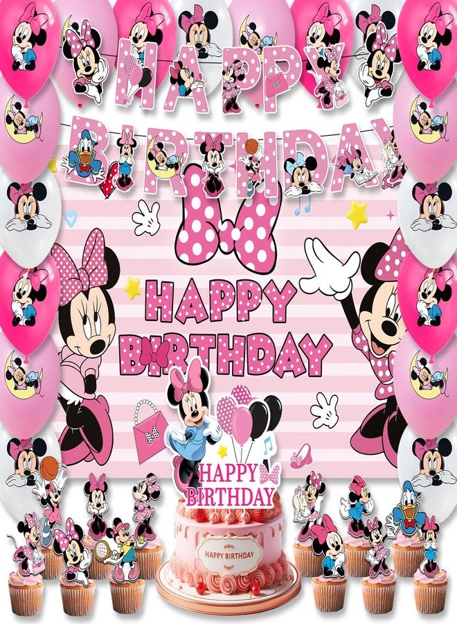 OMTO 42pcs Minnie Party Supplies Pack Includes，Banner，Cake Topper，Blackdrop,Balloons for Minnie party decoration - Image 1