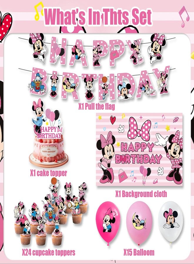 OMTO 42pcs Minnie Party Supplies Pack Includes，Banner，Cake Topper，Blackdrop,Balloons for Minnie party decoration - Image 3