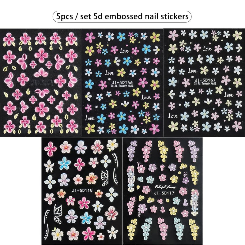 Fcozpjk 5D Embossed Flower Nail Stickers, 5PCS Colorful Floral Nail Art Stickers Pink Cherry Blossom Hibiscus Daisy Nail Decals Self-Adhesive Pegatinas para UÃ±as Spring Summer Decoration - Image 2
