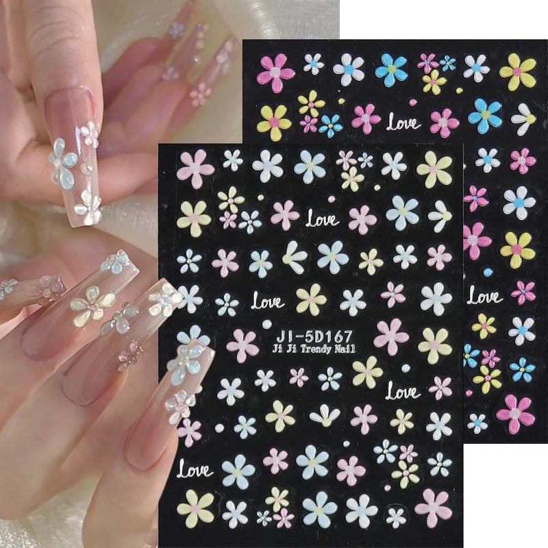Fcozpjk 5D Embossed Flower Nail Stickers, 5PCS Colorful Floral Nail Art Stickers Pink Cherry Blossom Hibiscus Daisy Nail Decals Self-Adhesive Pegatinas para UÃ±as Spring Summer Decoration - Image 5
