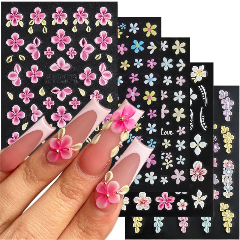 Fcozpjk 5D Embossed Flower Nail Stickers, 5PCS Colorful Floral Nail Art Stickers Pink Cherry Blossom Hibiscus Daisy Nail Decals Self-Adhesive Pegatinas para UÃ±as Spring Summer Decoration - Image 1