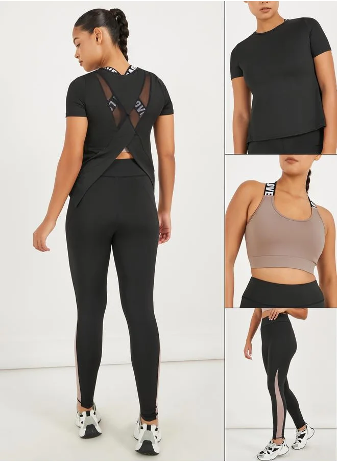 Styli Pack of 3 - Back Dual Mesh Panel Detail Split Hem Top, Taping Detail Sports Bra & Color Block Leggings Set