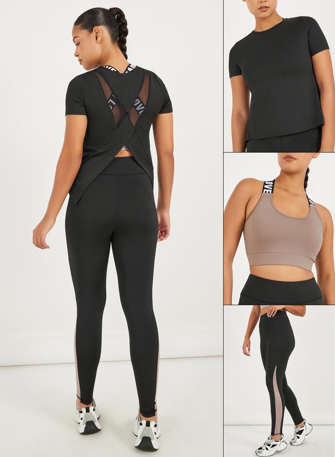 Styli Pack of 3 - Back Dual Mesh Panel Detail Split Hem Top, Taping Detail Sports Bra & Color Block Leggings Set - Image 1