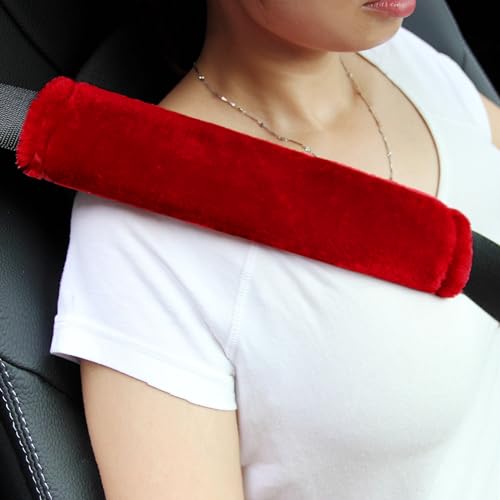 Amooca Soft Faux Fur Universal Fit Seatbelt Cover Car Truck SUV Airplane Seat Belt Shoulder Pad for Carmera Backpack Straps Neck Cushion Protector 2 Pack 10.5in Red - Image 1