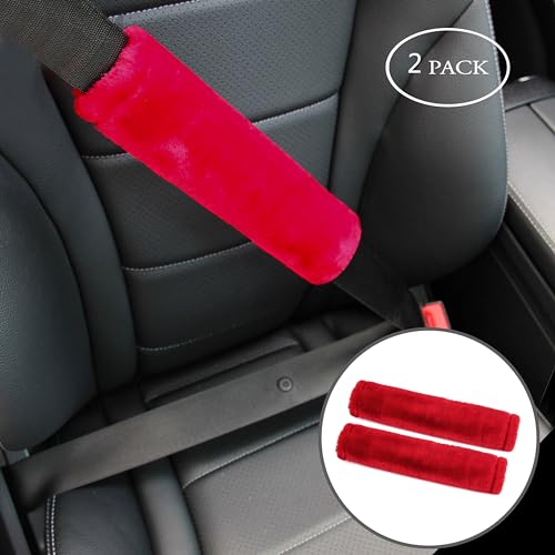 Amooca Soft Faux Fur Universal Fit Seatbelt Cover Car Truck SUV Airplane Seat Belt Shoulder Pad for Carmera Backpack Straps Neck Cushion Protector 2 Pack 10.5in Red - Image 2