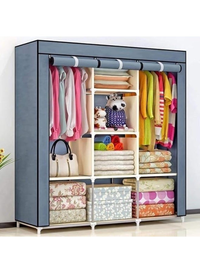 Large 3-door metal wardrobe with fabric cover – versatile storage wardrobe with 6 shelves and 2 hangers for organizing clothes. - Image 5
