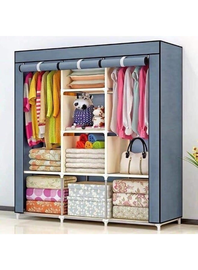 Large 3-door metal wardrobe with fabric cover – versatile storage wardrobe with 6 shelves and 2 hangers for organizing clothes. - Image 1