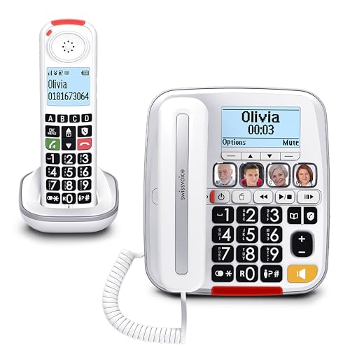 SWISSVOICE 3355 DECT 6.0 Corded Big Button Phone for Elderly with Answering Machine and Additional Cordless Handset - Loud Phones for Hard of Hearing - Hearing Aid Compatible Phones - Image 1