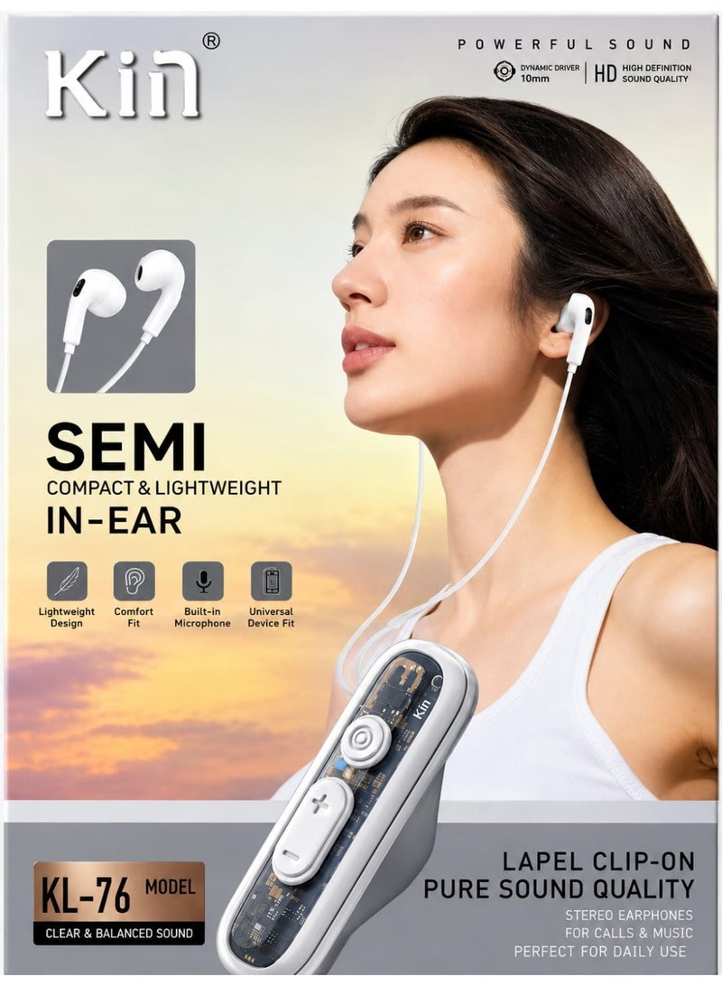 KIN KL-76 Bluetooth Clip-On Earphones – Bluetooth 5.4, HiFi Stereo Sound, Semi In-Ear Design, Smart Touch Control, Long Battery Life, – Light Grey
