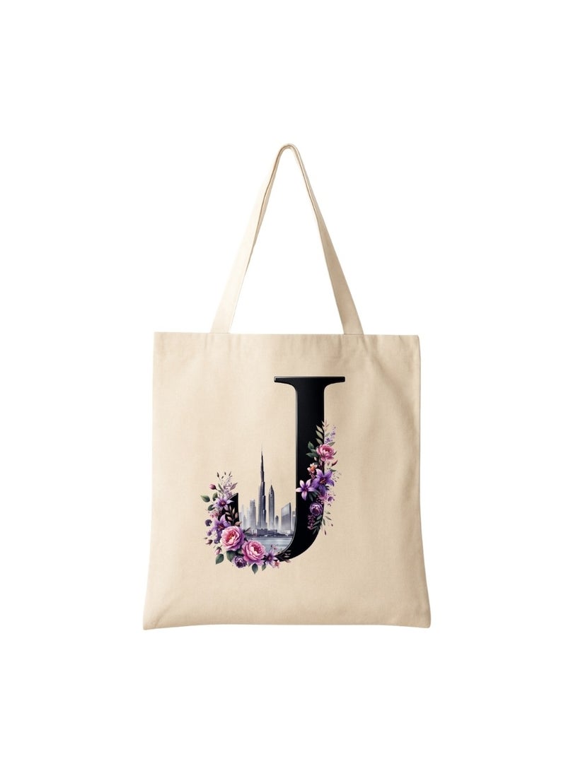 PRINTSHOP4ME Eco-Friendly Initial Tote Bag  – Canvas Shopping Bag With Floral & Dubai Skyline Print | Reusable Bridesmaid Gift,Wedding Favor,Everyday Carryall - Image 1