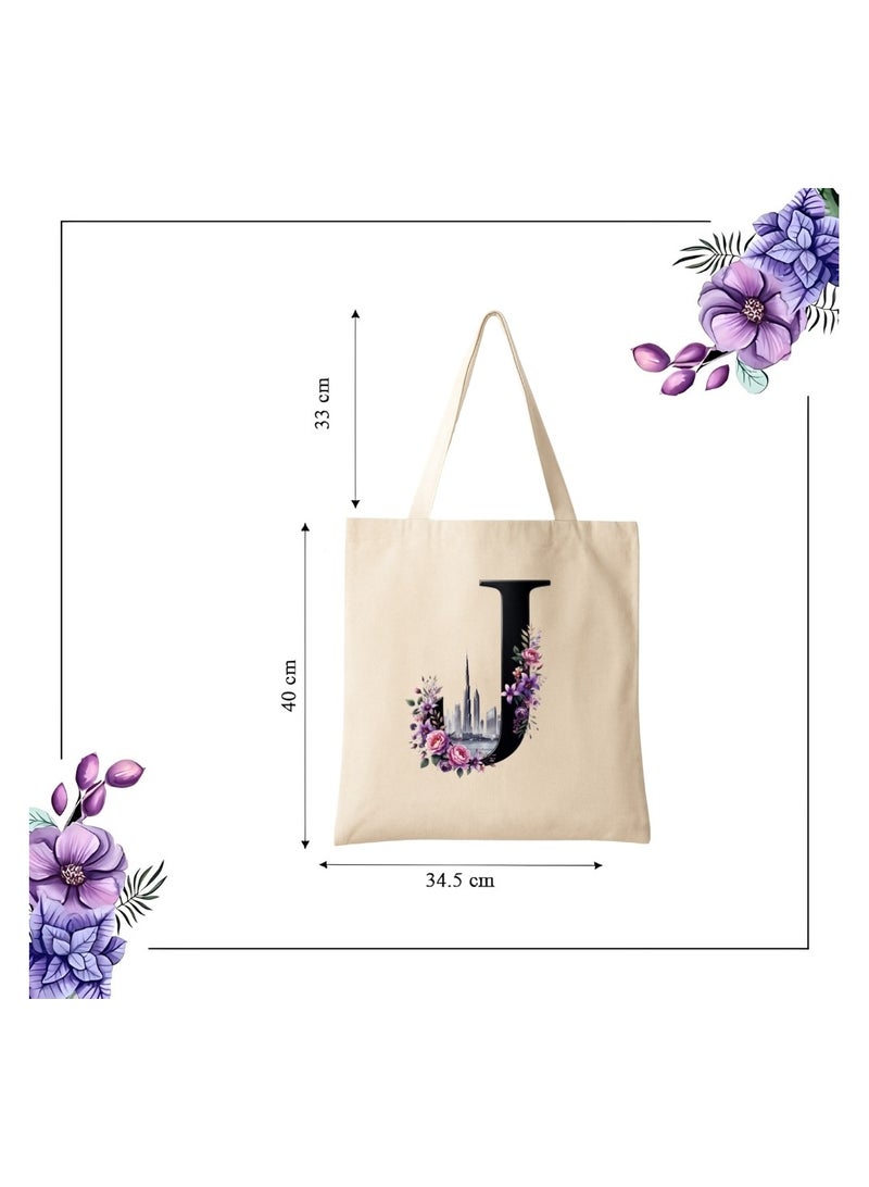 PRINTSHOP4ME Eco-Friendly Initial Tote Bag  – Canvas Shopping Bag With Floral & Dubai Skyline Print | Reusable Bridesmaid Gift,Wedding Favor,Everyday Carryall - Image 3