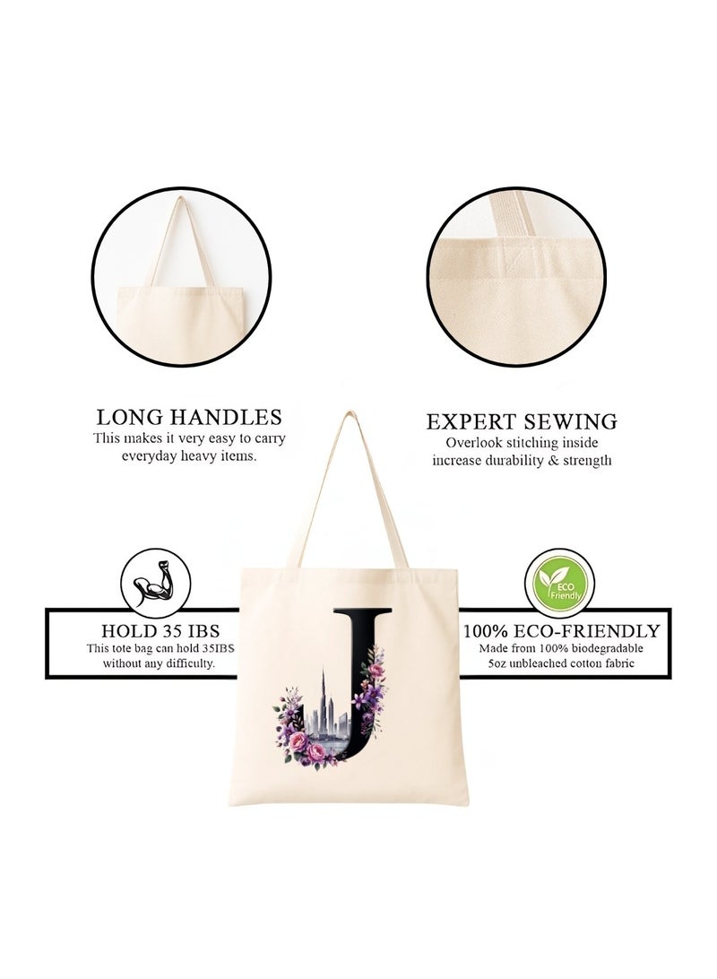 PRINTSHOP4ME Eco-Friendly Initial Tote Bag  – Canvas Shopping Bag With Floral & Dubai Skyline Print | Reusable Bridesmaid Gift,Wedding Favor,Everyday Carryall - Image 4