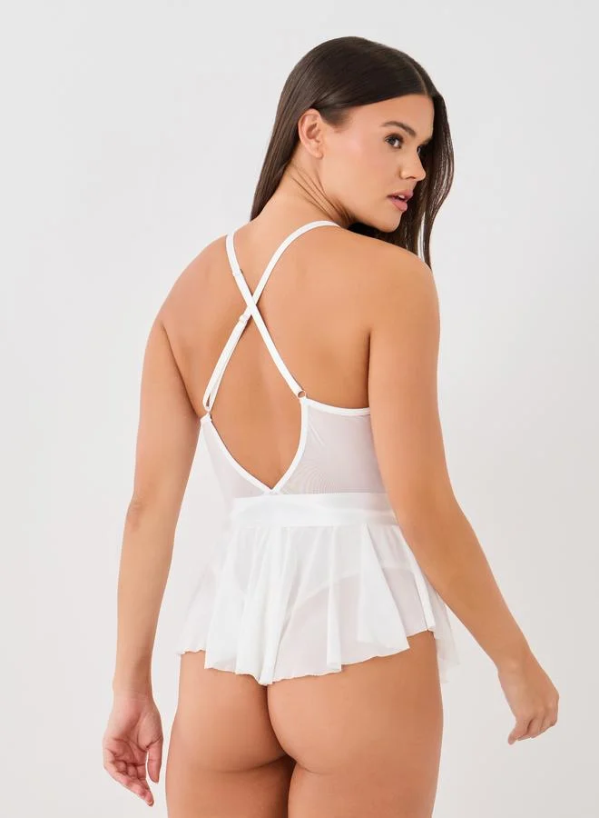 Styli Styli Lace Panel Bow Detail Bodysuit with Skirt Overlay