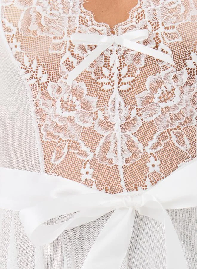 Styli Styli Lace Panel Bow Detail Bodysuit with Skirt Overlay