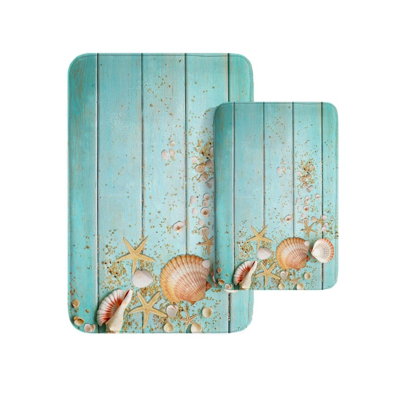 Britimes Beach Shell Sea Bathroom Rug Mat Set of 2 Boho Blue Wood Pattern Washable Cover Floor Rug Carpets Floor Bath Mat Bathroom Decorations 16x24 and 20x32 Inches