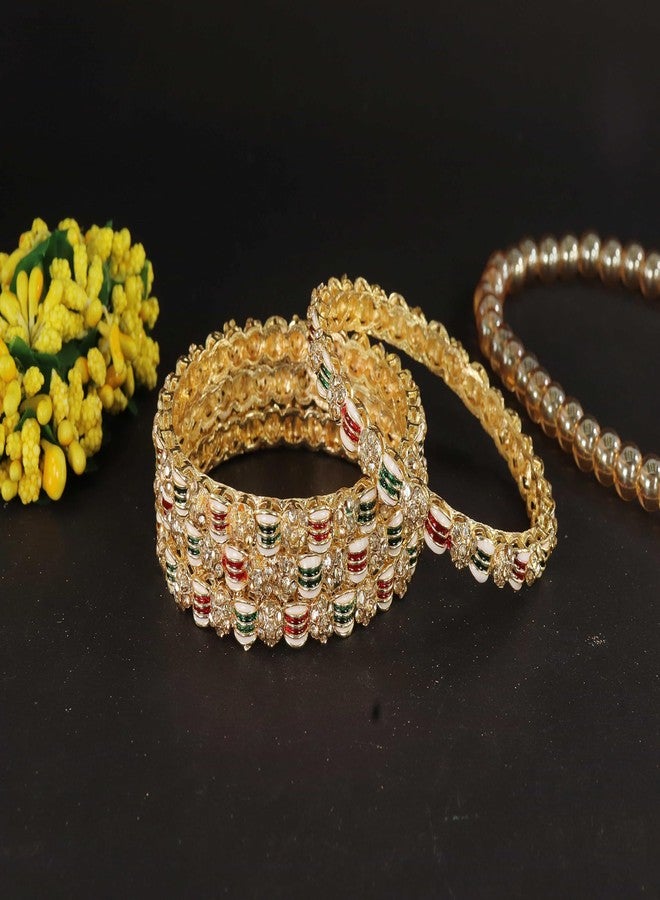 NMII Golden Metal Bangles Set For Women & Girls with Zircon Diamond Stone | Chuda Kada | Women Kada Gold | Bangles For Girls | Indian Bangles | Stylish Kangan Set | Chudiyan-(MAH116-Gold-2.6) - Image 5