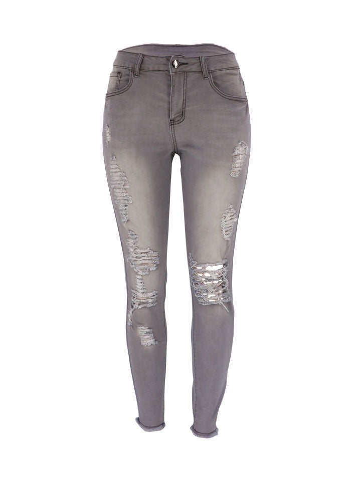 Loquat High Elastic Cropped Ripped Women's Small Feet Tight Jeans - Image 1