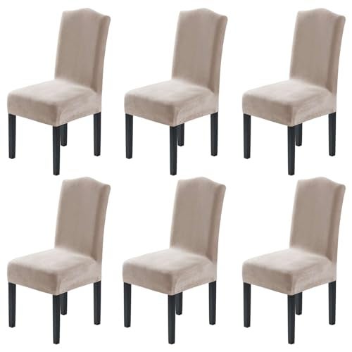 H.VERSAILTEX HVERSAILTEX Velvet Dining Chair Covers Stretch Chair Covers for Dining Room Set of 6 Parson Chair Slipcovers Chair Protectors Covers Dining Soft Thick Solid Velvet Fabric Washable Oatmeal - Image 1