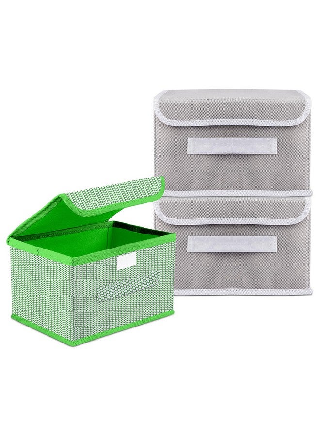 Kuber Industries Kuber Industries Drawer Storage Box | Dhakkan Storage Box | Non-Woven Clothes Organizer For Toys | Foldable Storage Box with Handle | Small | Pack of 3 | Green & Gray - Image 1