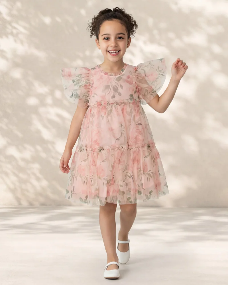 Redtag Girls Multicolor Floral AOP Layered Mesh Dress