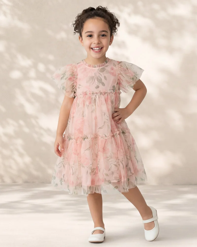 Redtag Girls Multicolor Floral AOP Layered Mesh Dress