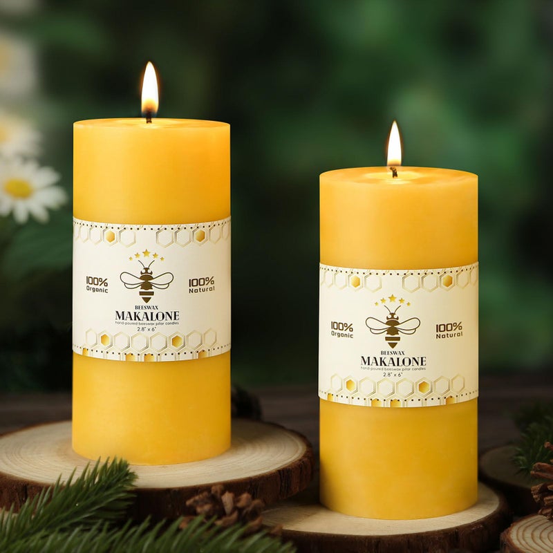 MAKALONE Natural Beeswax Pillar Candles,100% Pure Beeswax Candles-190 Hours Long Burning,Unscented Bees Wax Candles for Home,Prayer,Emergency,Dripless Smokeless Organic Pillar Candles Bluk-2.8x6in-2pack - Image 1