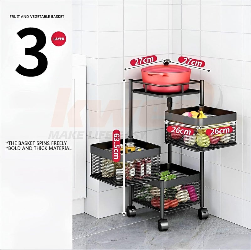 KWER Metal Kitchen Trolley Square Onion Baskets for StorageKitchen Accessories ItemsVegetable Basket for Kitchen Organizer ItemsStorage Portable Kitchen Accessories with WheelsBlackLayer3 - Image 3