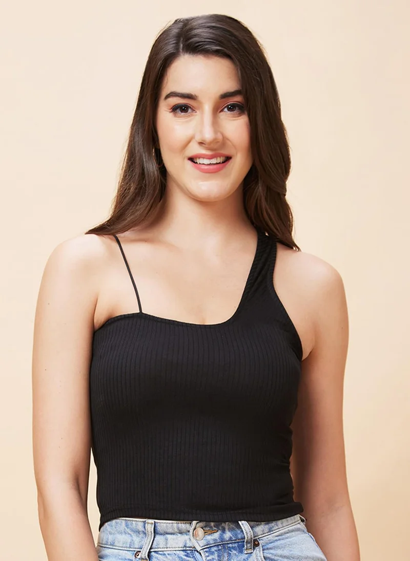 globus Globus Women Black One Shoulder Cotton Crop Top