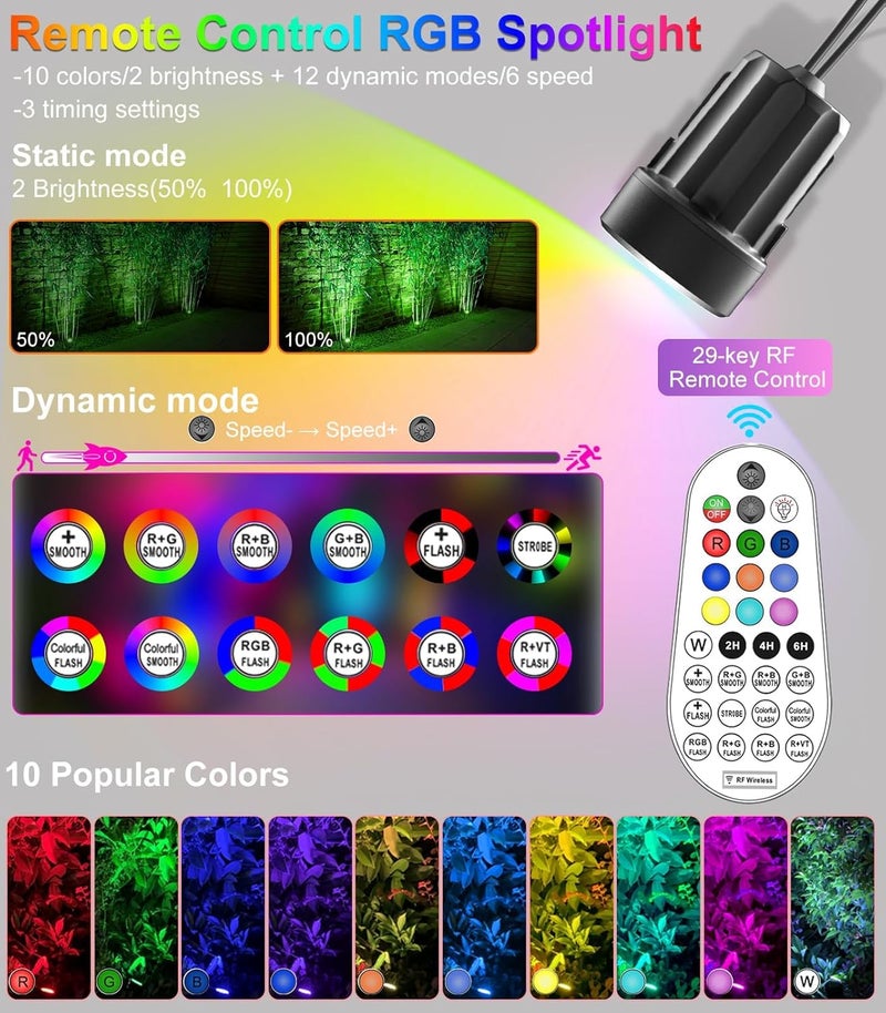 meikee 6 in 1 Solar RGB Garden Lights Landscape Lighting Spotlight Adjustable Solar Spot Lights IP66 Waterproof Outdoor Lights Decorative Spike Light for Garden Patio Yard Pathway - Image 3