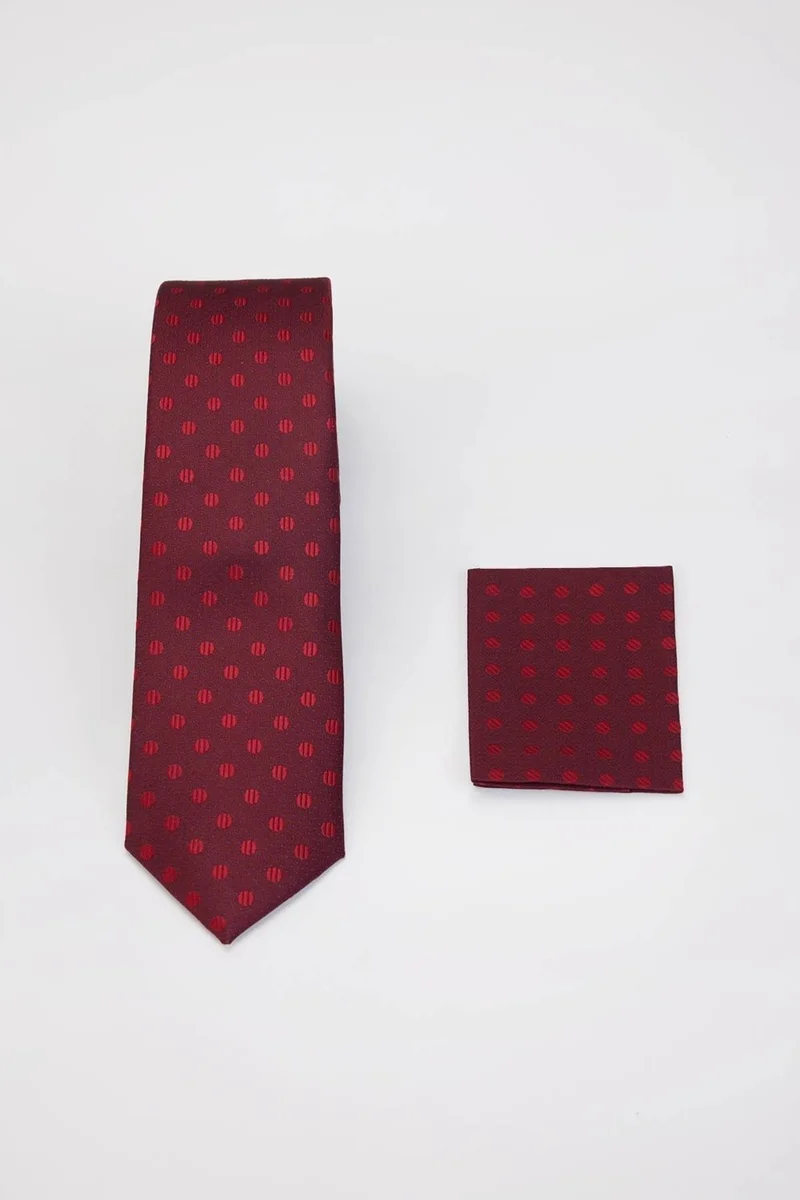 تودورس Classic Patterned Red Tie with Pocket Handkerchief