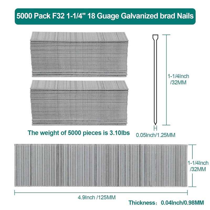 MIVIDE 5000 Pack F32 1-1/4" 18 Guage Galvanized brad Nails, Heavy Duty Narrow Crown Staples for Nail Gun, 18 Gauge Straight Pin Nailers1 - Image 2