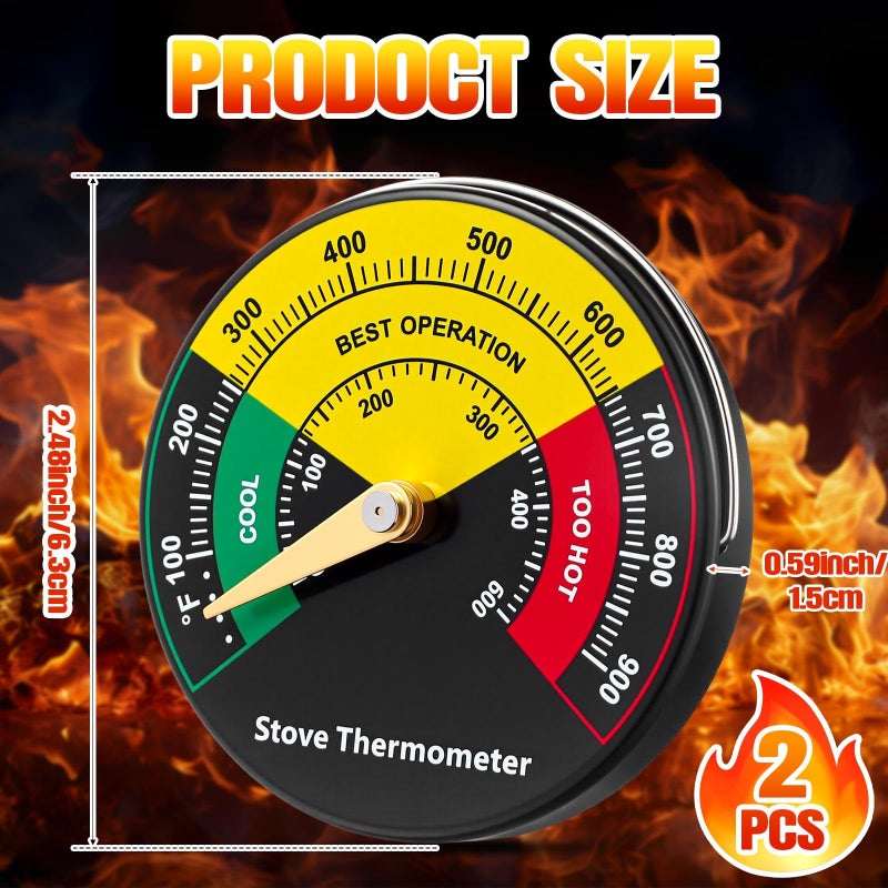 Frienda 2 Pcs Wood Stove Thermometer, Magnetic Gas Oven Temperature Guage Wood Fire Stove Accessories for Burning Top Gas Pellet Fireplace Flue Avoiding Destroyed by Overheat - Image 2