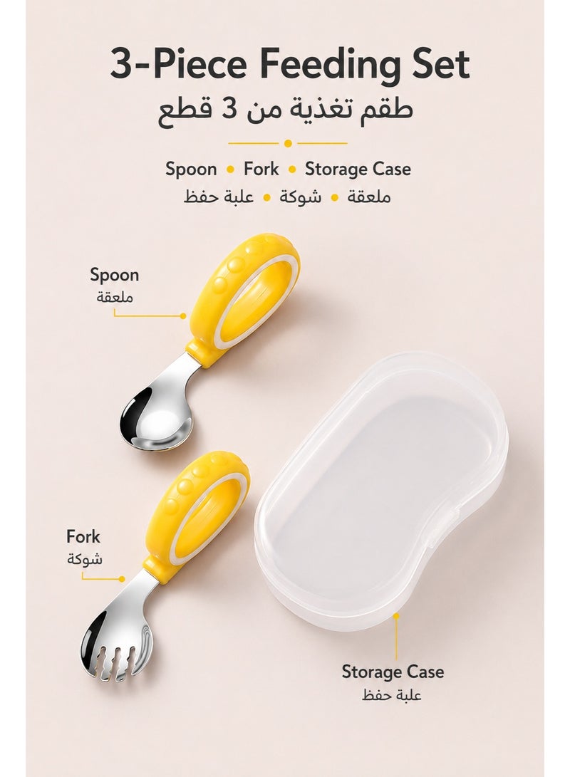 Toddler Spoon and Fork Set with Storage Case, Baby Self Feeding Training Utensils, Easy Grip Stainless Steel Toddler Cutlery for Kids Learning to Eat, Yellow - Image 2