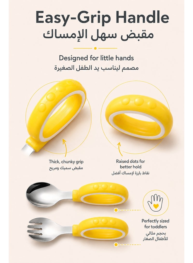 Toddler Spoon and Fork Set with Storage Case, Baby Self Feeding Training Utensils, Easy Grip Stainless Steel Toddler Cutlery for Kids Learning to Eat, Yellow - Image 3