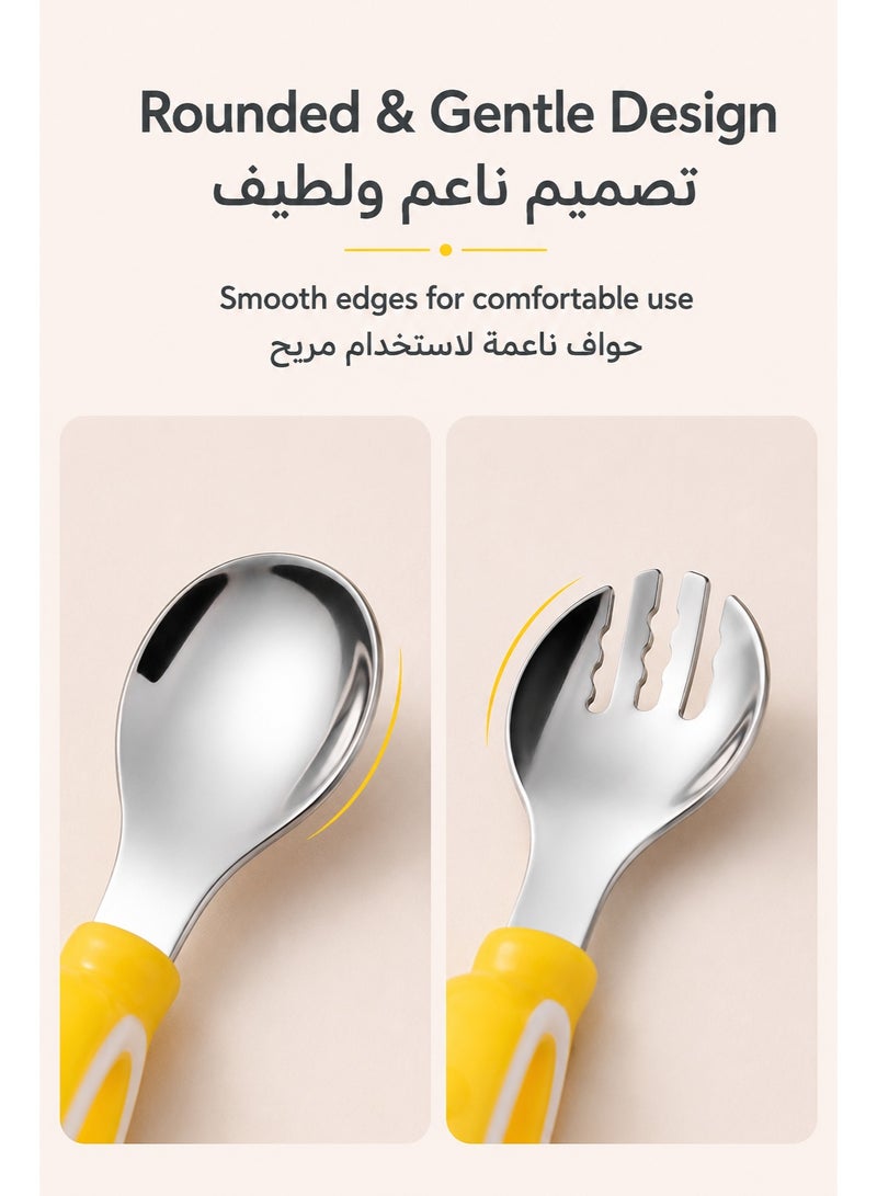 Toddler Spoon and Fork Set with Storage Case, Baby Self Feeding Training Utensils, Easy Grip Stainless Steel Toddler Cutlery for Kids Learning to Eat, Yellow - Image 4