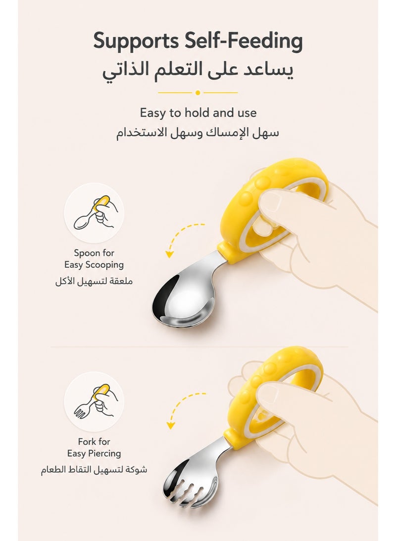 Toddler Spoon and Fork Set with Storage Case, Baby Self Feeding Training Utensils, Easy Grip Stainless Steel Toddler Cutlery for Kids Learning to Eat, Yellow - Image 5