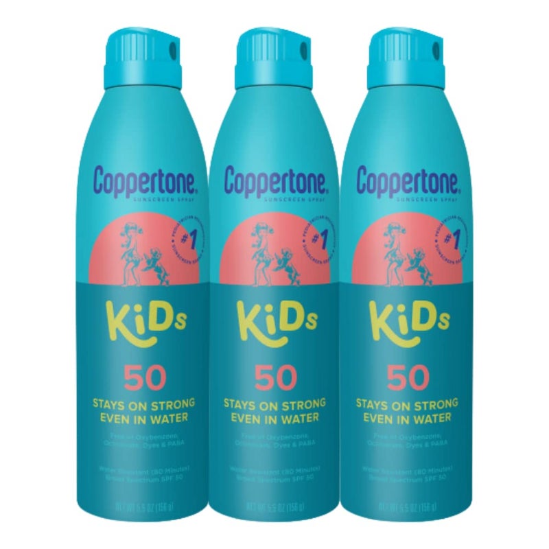 Coppertone Kids Sunscreen Spray SPF 50, Water Resistant Spray on Sunscreen for Kids, Pediatrician Recommended, 5.5 Oz Can, Pack of 3 - Image 1