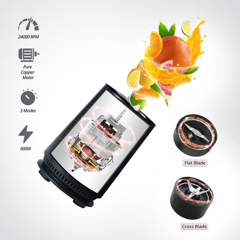 iBELL NUTRIMAX500X Nutri Blender - Smoothie Maker with 5 Jars, 2 Blades, 2 Year Warranty, 3 Modes, 600 Watts, 24000RPM, 100% Copper Motor with 5 Jars and SS Blades (Black) - Image 3