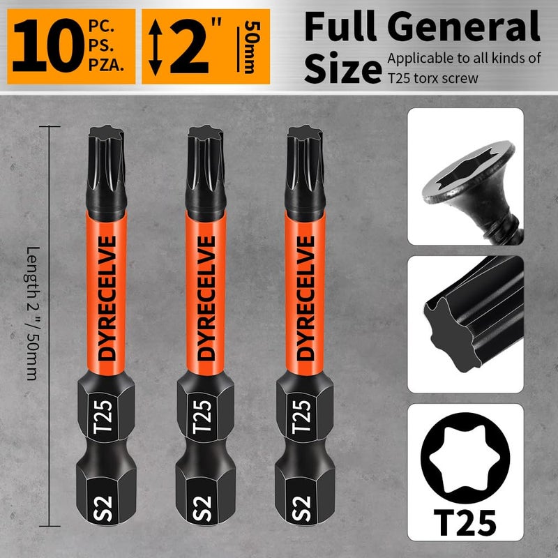 DYRECELVE 10-Pack T25 Torx Bits for Impact Driver, T-25 Torx/Star Bit Set 2'' Long, Magnetic Torque Head, Premium S2 Alloy Steel, 1/4'' Hex-Shank for Professional & DIY Use - Image 5