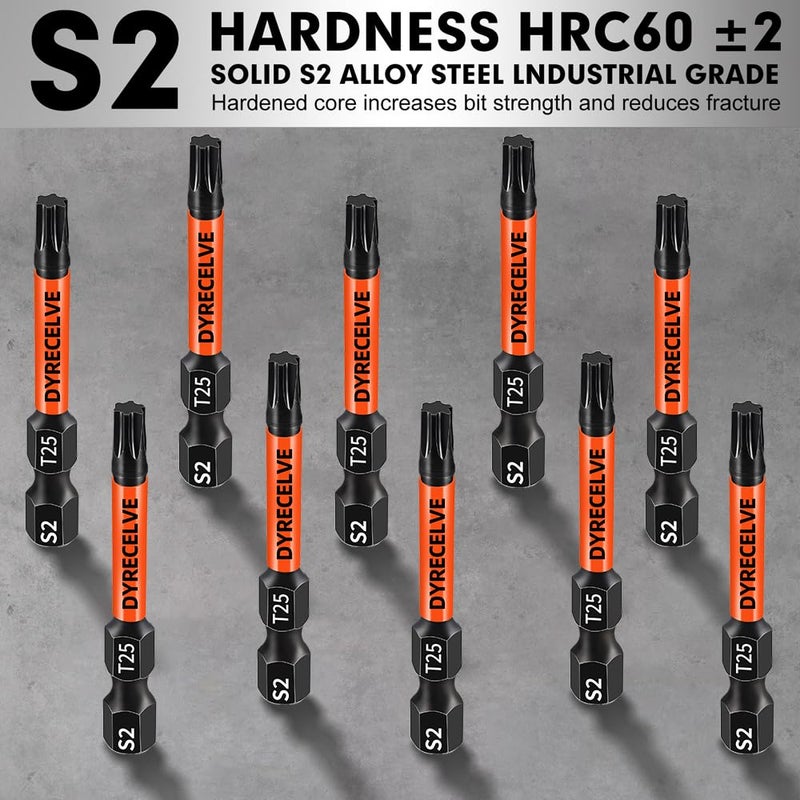 DYRECELVE 10-Pack T25 Torx Bits for Impact Driver, T-25 Torx/Star Bit Set 2'' Long, Magnetic Torque Head, Premium S2 Alloy Steel, 1/4'' Hex-Shank for Professional & DIY Use - Image 3