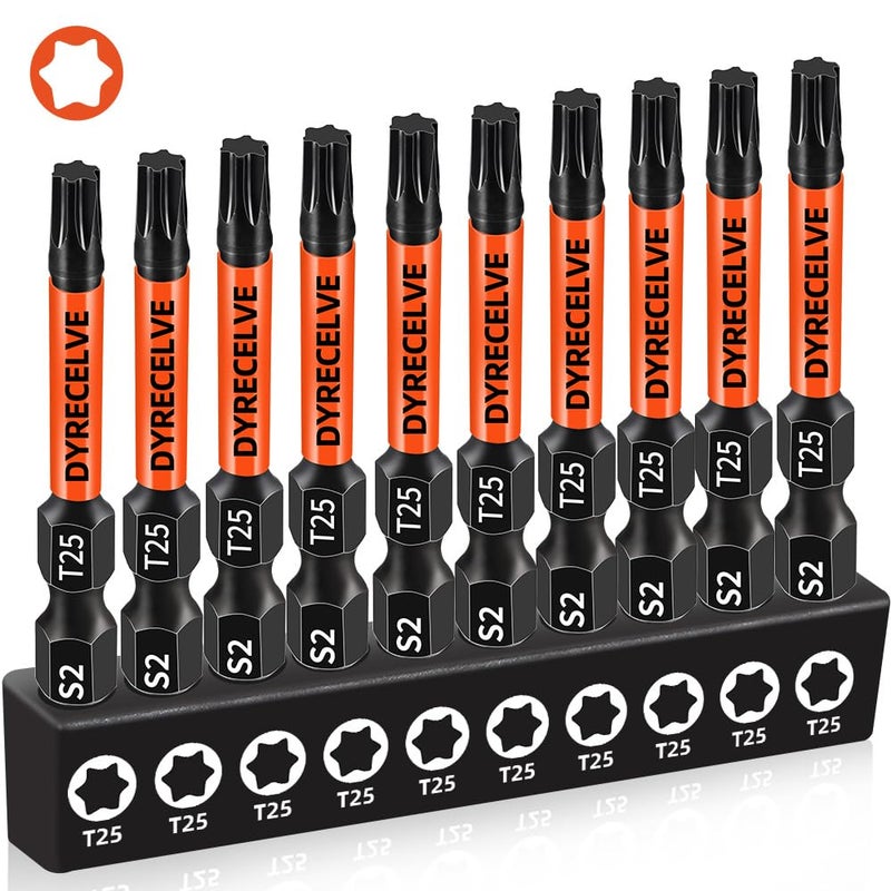 DYRECELVE 10-Pack T25 Torx Bits for Impact Driver, T-25 Torx/Star Bit Set 2'' Long, Magnetic Torque Head, Premium S2 Alloy Steel, 1/4'' Hex-Shank for Professional & DIY Use - Image 1
