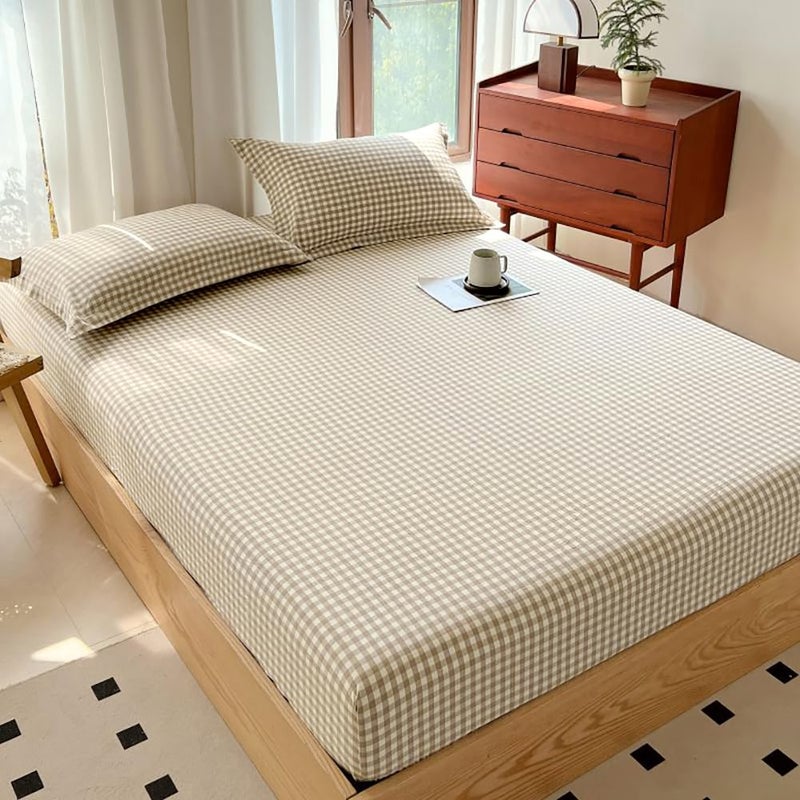LifeTB Tan Gingham Fitted Sheet Queen 100% Washed Cotton Taupe Plaid Queen Bed Sheet Grid Single Bottom Sheet with 15" Deep Pocket Gingham Bedding Grid Sheet 1 Piece Cotton Breathable Mattress Cover - Image 5
