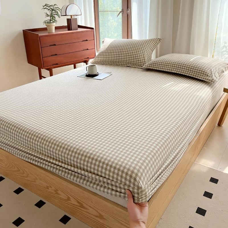 LifeTB Tan Gingham Fitted Sheet Queen 100% Washed Cotton Taupe Plaid Queen Bed Sheet Grid Single Bottom Sheet with 15" Deep Pocket Gingham Bedding Grid Sheet 1 Piece Cotton Breathable Mattress Cover - Image 1