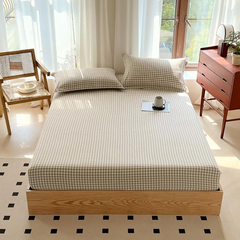 LifeTB Tan Gingham Fitted Sheet Queen 100% Washed Cotton Taupe Plaid Queen Bed Sheet Grid Single Bottom Sheet with 15" Deep Pocket Gingham Bedding Grid Sheet 1 Piece Cotton Breathable Mattress Cover - Image 2