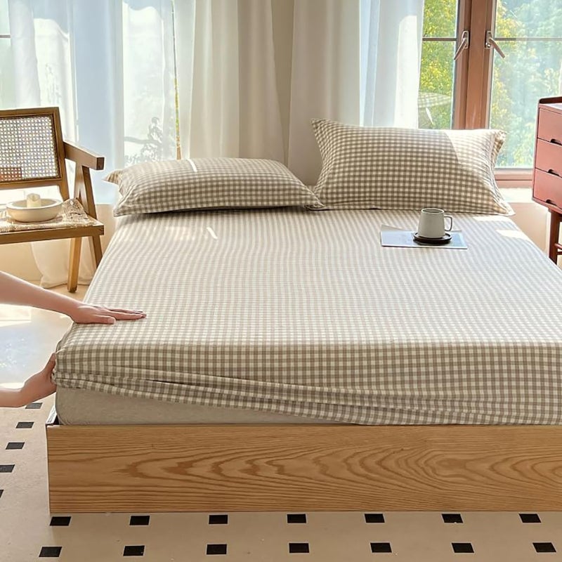 LifeTB Tan Gingham Fitted Sheet Queen 100% Washed Cotton Taupe Plaid Queen Bed Sheet Grid Single Bottom Sheet with 15" Deep Pocket Gingham Bedding Grid Sheet 1 Piece Cotton Breathable Mattress Cover - Image 3