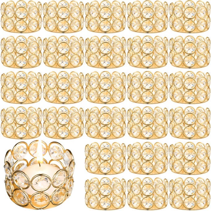 30 PIECES CRYSTAL TEALIGHT CANDLE HOLDERS BULK VOTIVE CANDLE HOLDER STANDS WITH DIAMOND DESIGN FOR TABLE CENTERPIECES WEDDING PARTY HOME DECOR AND HOLIDAY FAVORS GOLD
