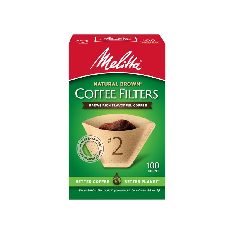 Melitta #2 Cone Coffee Filters, Natural Brown, 100 Count - Fits all 2-6 Cup Cone Coffee Makers and 1-cup Pour-Over Brewers, Compostable, Tear-Resistant, Made in USA - Image 1