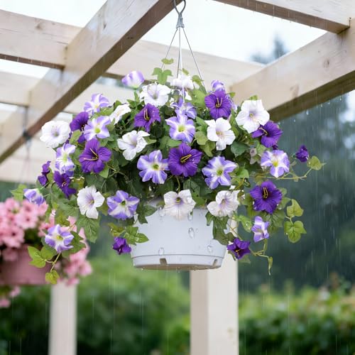 WETRBWEH Artificial Flowers for Outdoors,2 PCS Purple Faux Morning Glory UV Resistant Silk Flowers for Outdoor Planters Garden Balcony Porch Decor Realistic Fake Flowers for Spring Decoration - Image 4