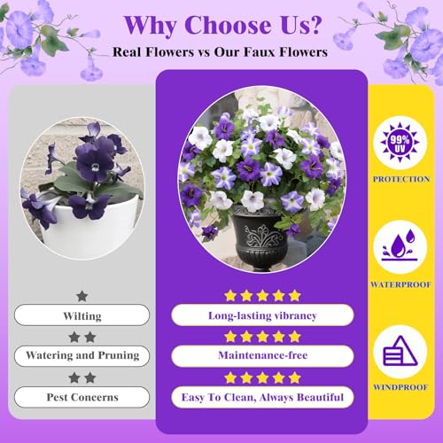 WETRBWEH Artificial Flowers for Outdoors,2 PCS Purple Faux Morning Glory UV Resistant Silk Flowers for Outdoor Planters Garden Balcony Porch Decor Realistic Fake Flowers for Spring Decoration - Image 5