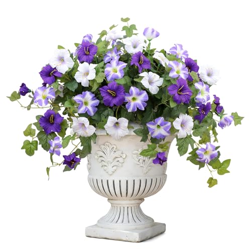 WETRBWEH Artificial Flowers for Outdoors,2 PCS Purple Faux Morning Glory UV Resistant Silk Flowers for Outdoor Planters Garden Balcony Porch Decor Realistic Fake Flowers for Spring Decoration - Image 1